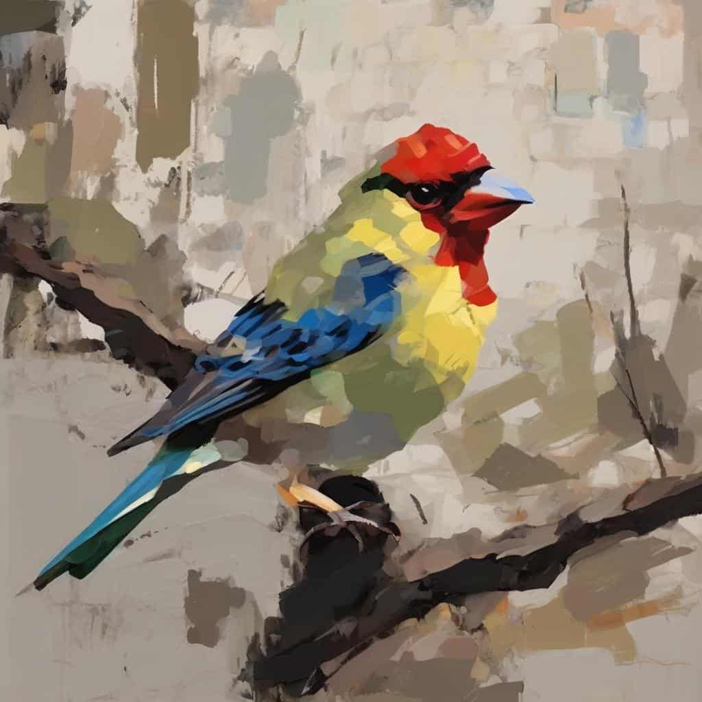 Ζωγραφική με μοτίβα και επανάληψη, πολύχρωμο πουλί σε κλάδο.