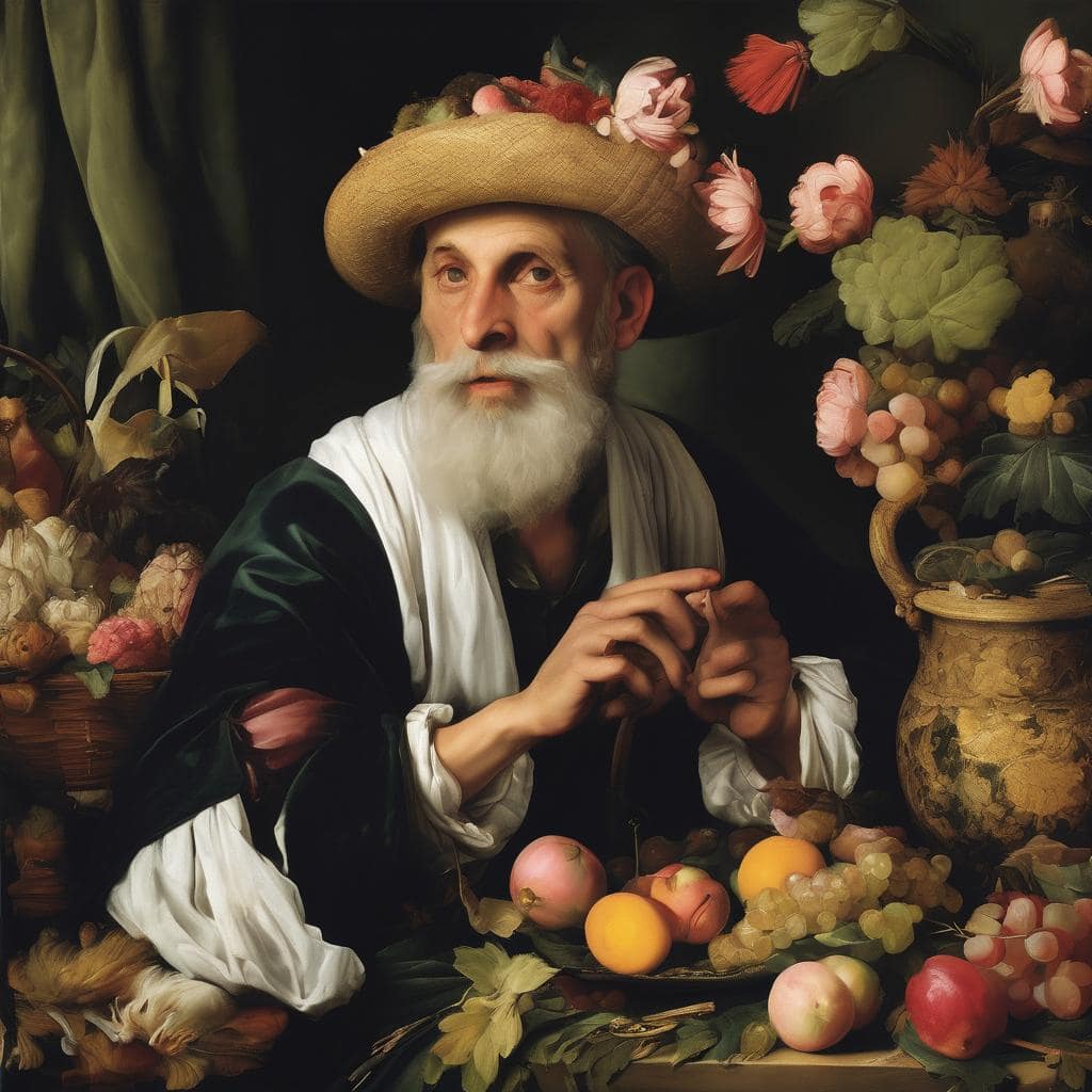Λιτότητα και επανάληψη μοτίβων σε φρουτόκοσμο με ηλικιωμένο άνδρα, φορώντας ευωδιαστό καπέλο και περιτριγυρισμένο από φρούτα και λουλούδια.