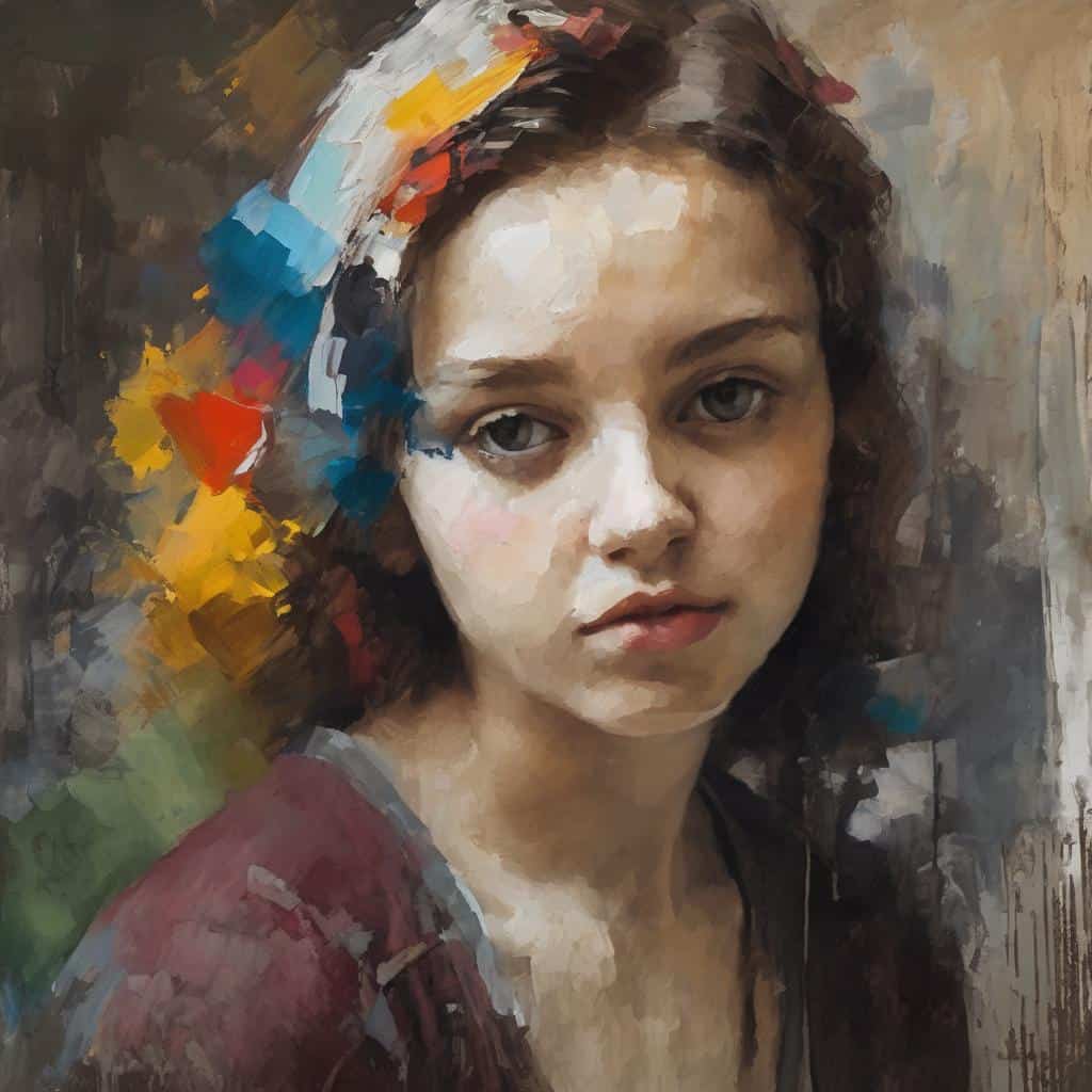 Ζωγραφική πορτραίτου γυναίκας με μοτίβα και επανάληψη χρησιμοποιώντας ζωγραφικά στοιχεία.