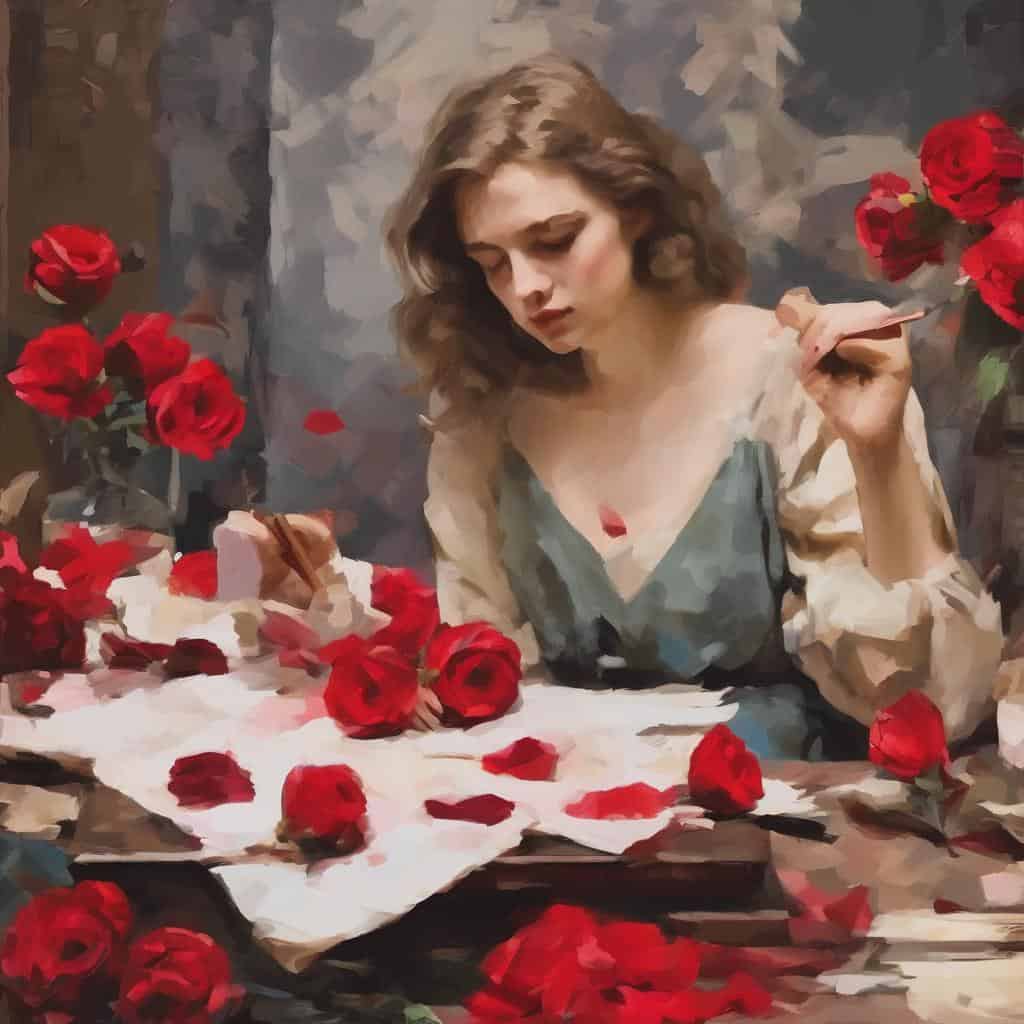 Κοπέλα ζωγραφική με τριαντάφυλλα, χρήση μοτίβων και επανάληψης, ακατέργαστη τέχνη, αριστουργηματικό έργο τέχνης, εκπληκτικά χρώματα, δημιουργία και τέχνη.