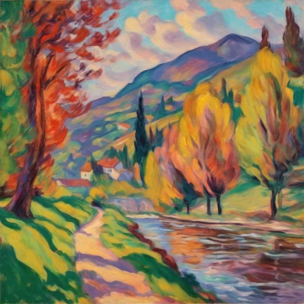 πολύχρωμο τοπίο με μοτίβα και επανάληψης, φθινοπωρινά δέντρα και ποτάμι, σε ζωγραφική έκδοση, in the style of Expressionism.